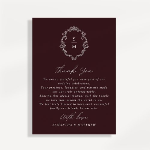 Monogram Burgundy Script Wedding Thank You Card