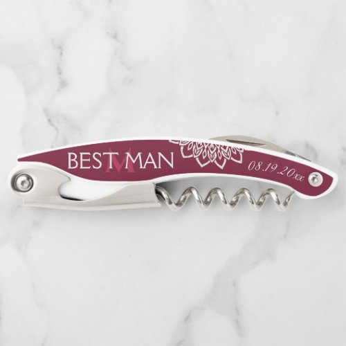 Monogram Burgundy Silver Best Man Wedding Waiters Corkscrew