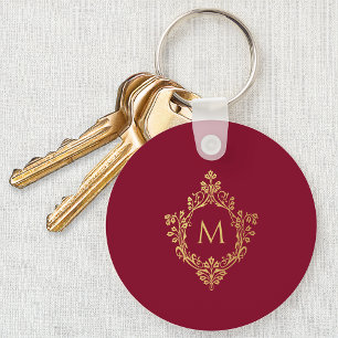 Monogram Burgundy Vintage Elegant Faux Gold Crest Keychain