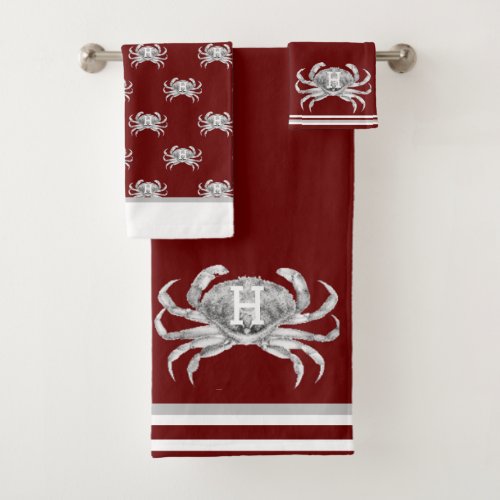 Monogram Burgundy Watercolor Crab Nautical  Bath Towel Set