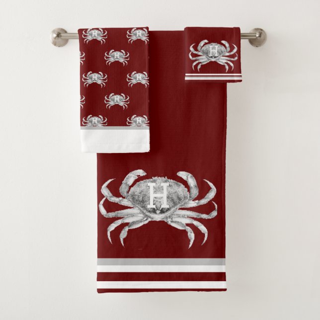 Monogram Burgundy Watercolor Crab Nautical  Bath Towel Set (Insitu)