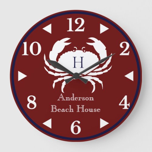 Monogram Burgundy  White Navy Blue Crab Nautical  Large Clock