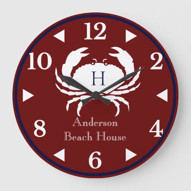 Monogram Burgundy  White Navy Blue Crab Nautical  Large Clock (Front)