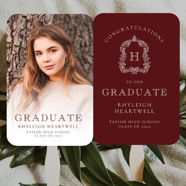 Monogram Burgundy White Photo Graduation Hand Fan (Creator Uploaded)