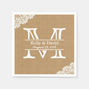 Monogram Burlap & Lace Rustic Wedding Paper Napkin