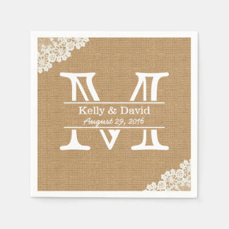 Monogram Burlap & Lace Rustic Wedding Paper Napkin