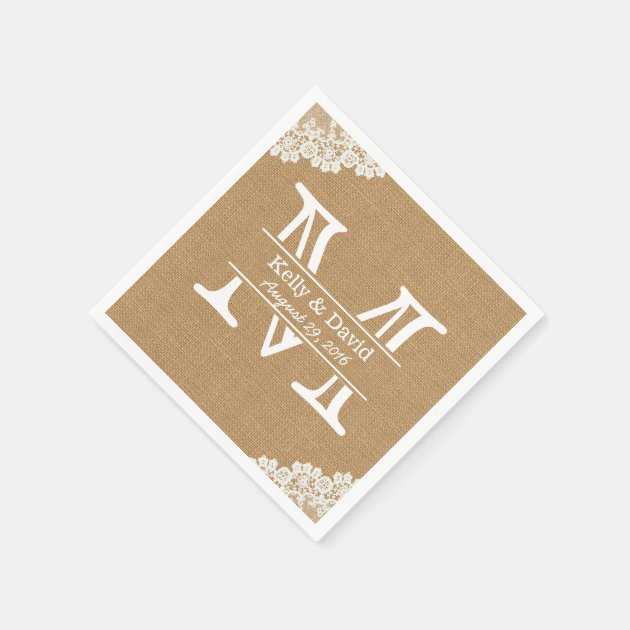 Monogram Burlap & Lace Rustic Wedding Paper Napkin