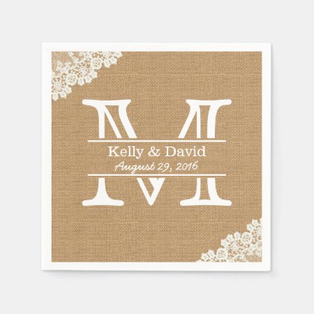 Monogram Burlap & Lace Rustic Wedding Paper Napkins