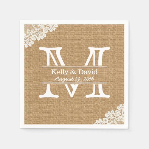 Monogram Burlap  Lace Rustic Wedding Paper Napkins