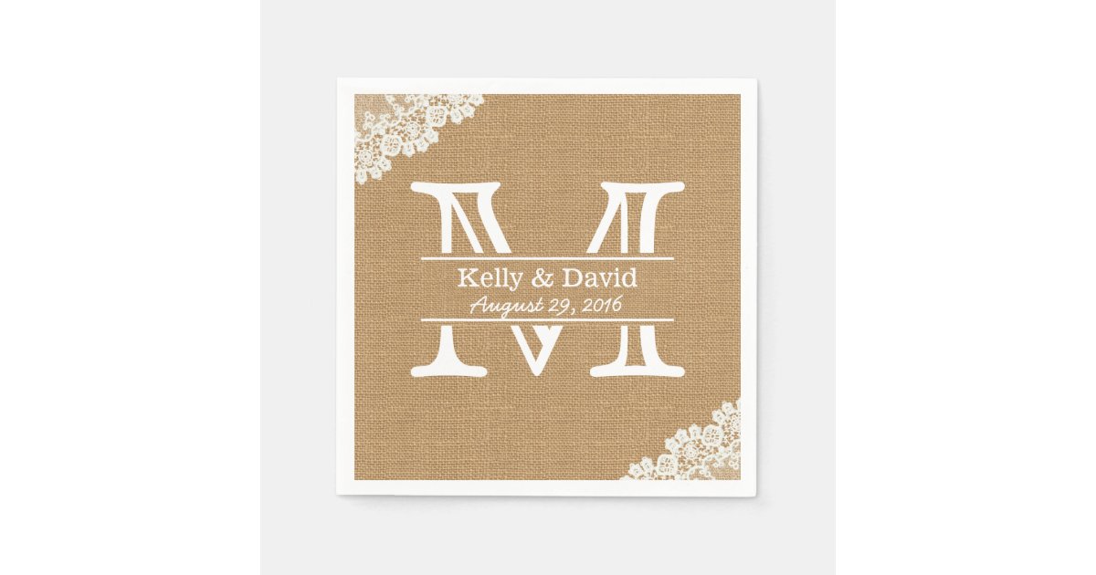 Monogram Burlap & Lace Rustic Wedding Paper Napkins | Zazzle