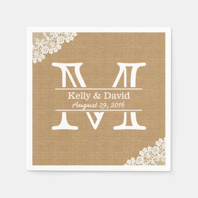 Monogram Burlap & Lace Rustic Wedding Paper Napkins (Front)