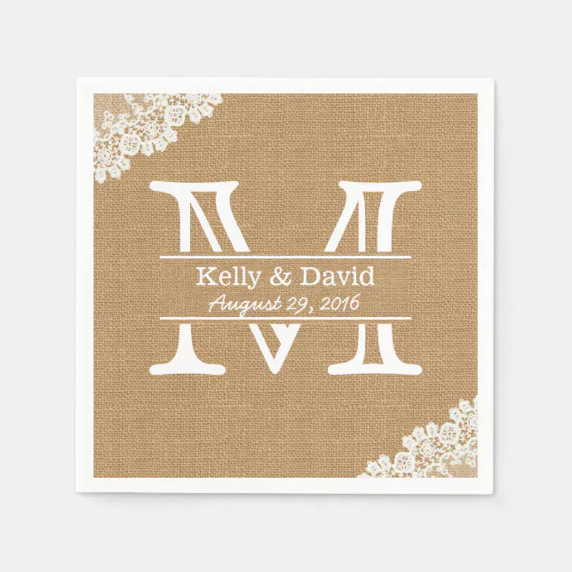 Monogram Burlap & Lace Rustic Wedding Paper Napkins | Zazzle