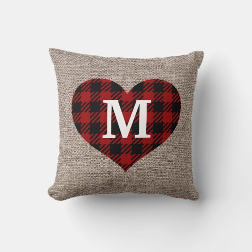 Monogram Burlap Red Black Buffalo Plaid Heart Throw Pillow