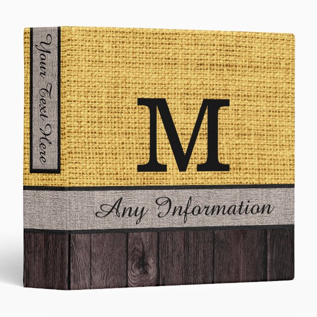 Monogram Burlap Rustic Jute Look Wood #4 3 Ring Binder (Front/Spine)