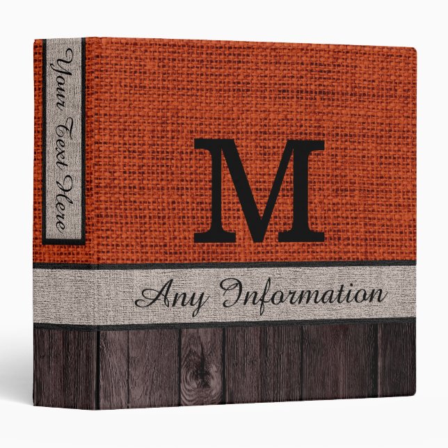 Monogram Burlap Rustic Jute Look Wood #5 Binder (Front/Spine)