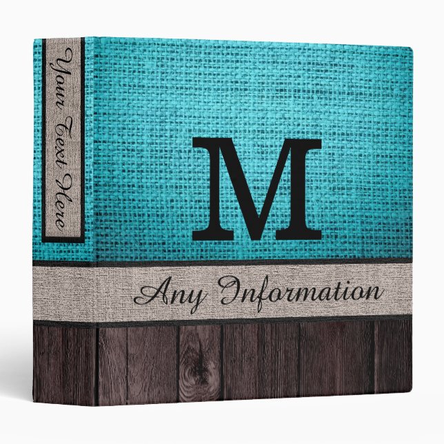 Monogram Burlap Rustic Jute Look Wood #6 Binder (Front/Spine)