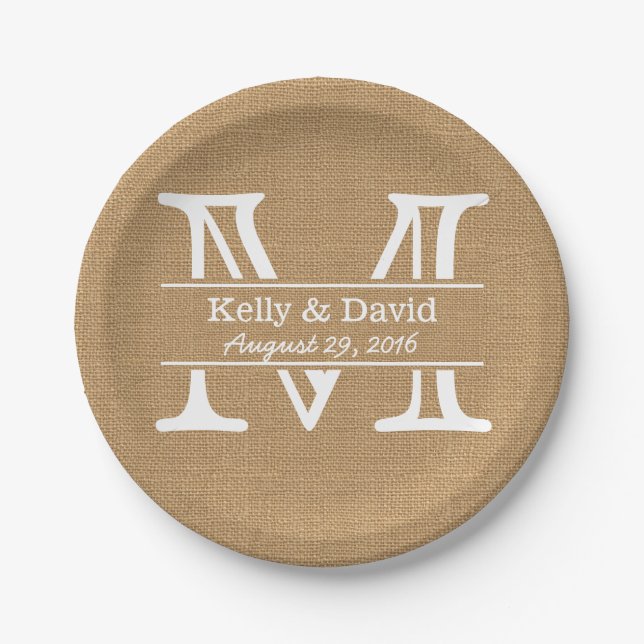 Monogram Burlap Texture Rustic Wedding Paper Plates (Front)