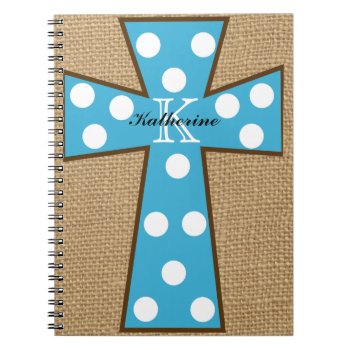 Monogram Burlap & Turquoise Cross Spiral Notebook by stripedhope at Zazzle