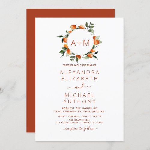 Monogram Burnt Orange Citrus Fruit Wedding Invitat Invitation