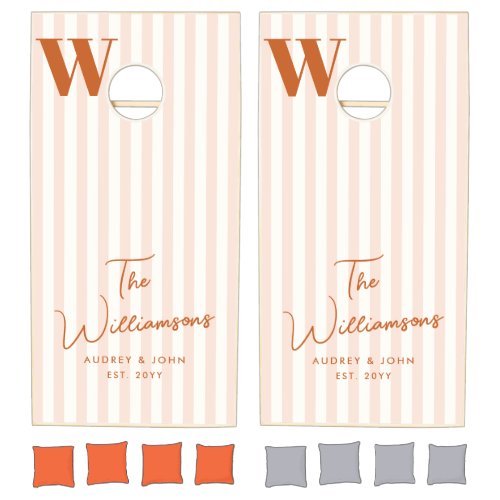 Monogram Burnt Orange Ivory Stripes Script Wedding Cornhole Set