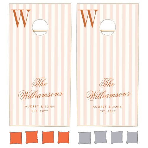 Monogram Burnt Orange Ivory Stripes Script Wedding Cornhole Set