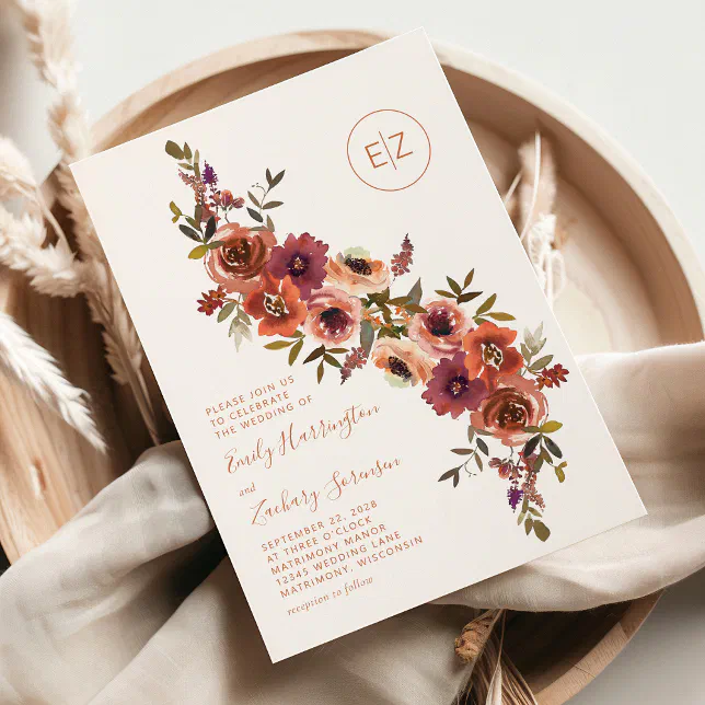 Monogram Burnt Orange Purple Floral Wedding Invitation | Zazzle