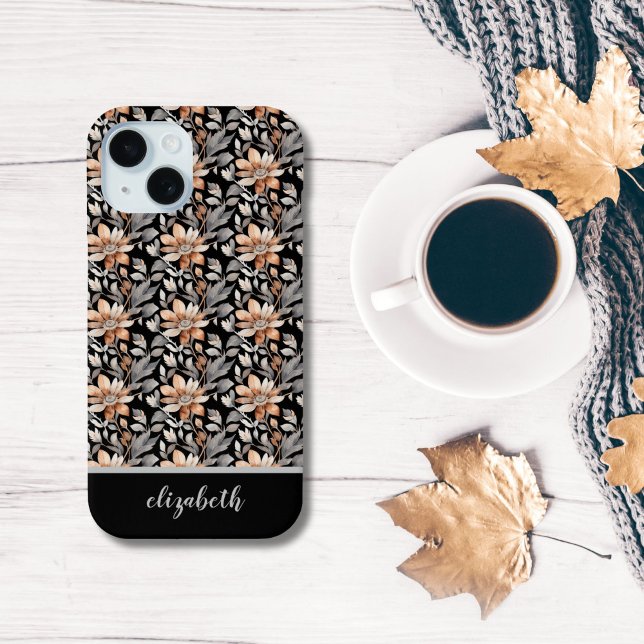 Monogram Burnt Orange Rust Black Grey Floral Case-Mate iPhone Case (Monogrammed Burnt orange, terracotta rust, grey florals on a black background. gift for her)