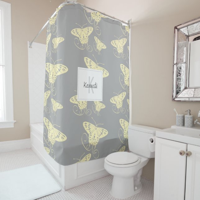 Monogram Butterflies Yellow Gray Art Shower Curtain (In Situ)