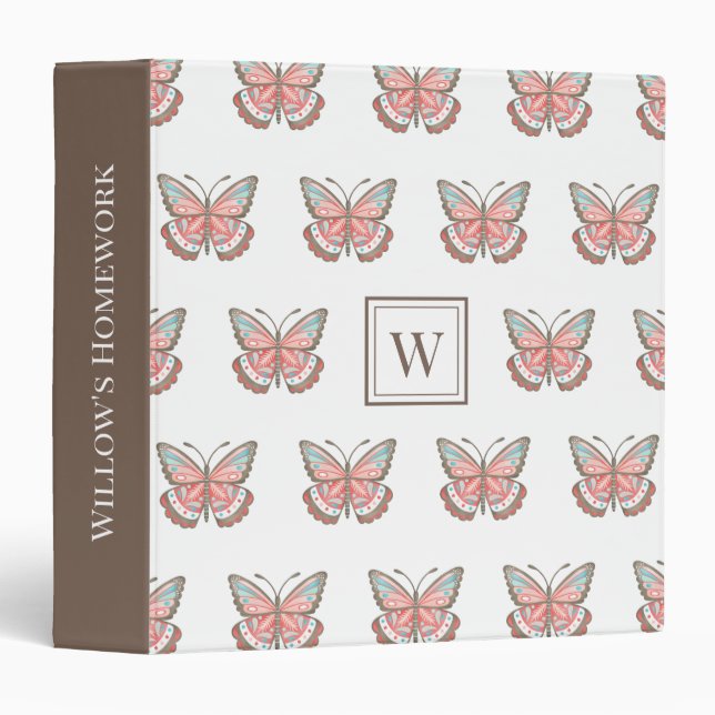 Monogram Butterfly Pattern Girl School Binder (Front/Spine)