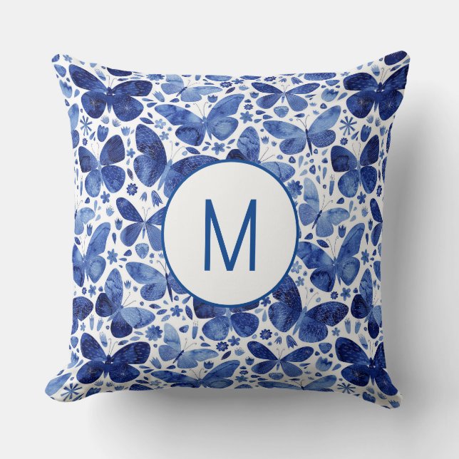 Monogram Butterfly Watercolor Blue Throw Pillow (Front)