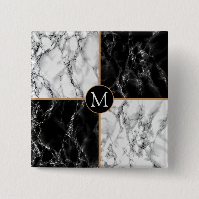 Monogram Button Black White Check Marble (Front)