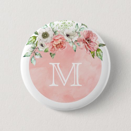 Monogram Button Pin  Blush Pink Spring Floral