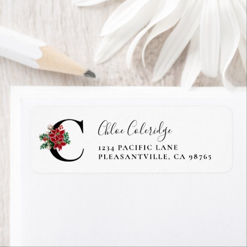 Monogram C Christmas Poinsettia Return Address Label