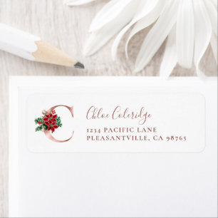 Monogram C Christmas Rose Gold Return Address Label