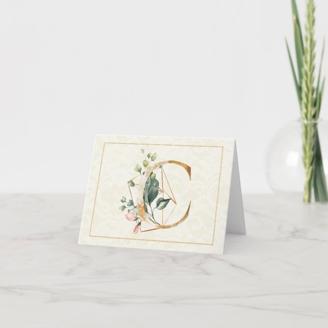 Monogram C Floral Note Card Gold (Front)