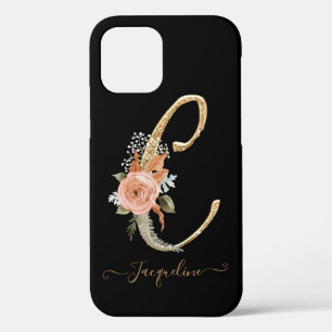 Monogram C Gold Script Black BOHO Pink Floral Leaf iPhone 12 Case