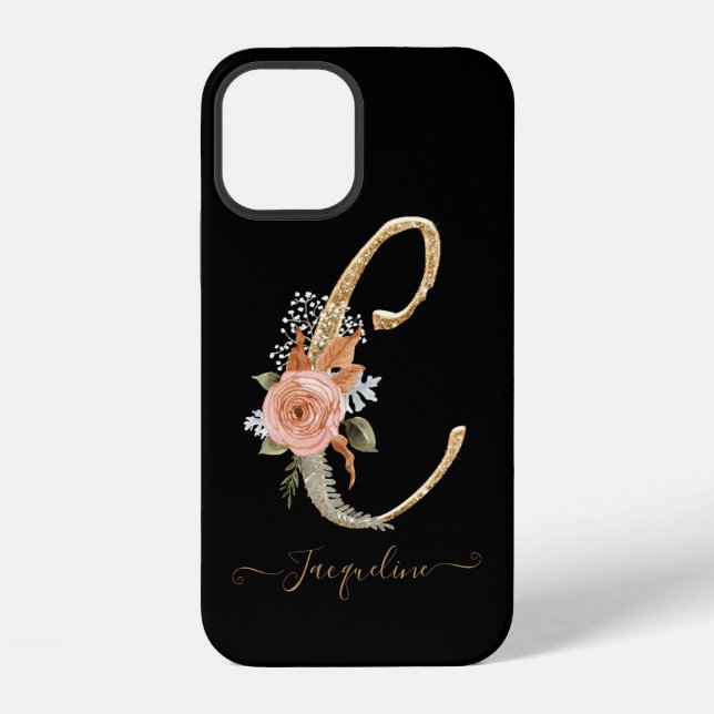 Monogram C Gold Script Black BOHO Pink Floral Leaf Iphone Case (Back)
