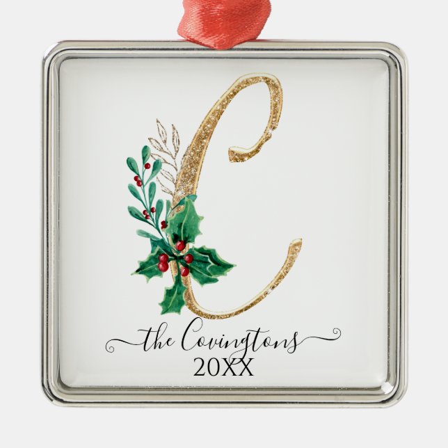 Monogram C Holly Christmas Gold Glitter Family Metal Ornament (Front)