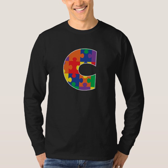 Monogram C in Multi Color Puzzle Pieces T-Shirt (Front)