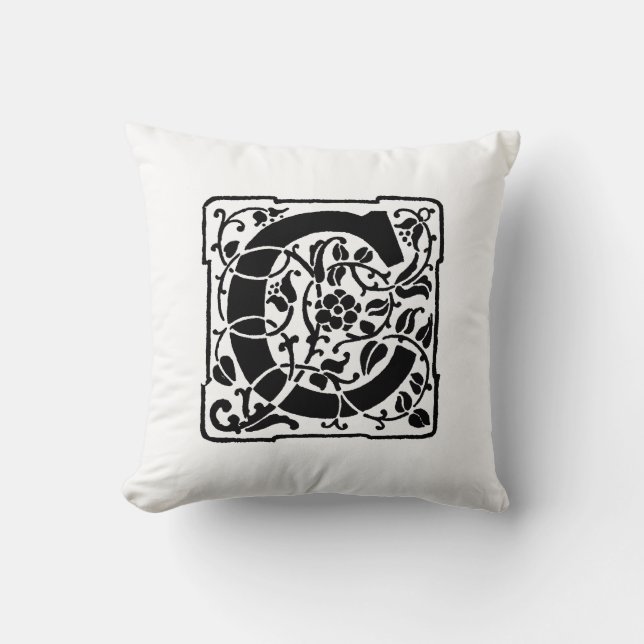 Monogram C Initial Black and White Floral Pattern Throw Pillow (Front)