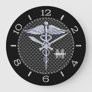 Monogram Caduceus Medical Symbol on Black Carbon Large Clock