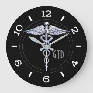 Monogram Caduceus Medical Symbol on Black Large Clock