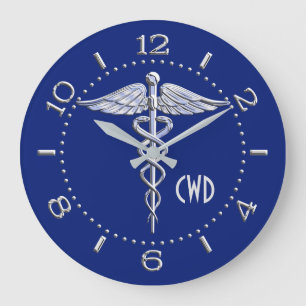 Monogram Caduceus Medical Symbol on Blue Large Clock