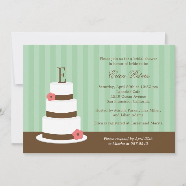 Monogram Cake Bridal Shower Invitation - Green (Front)