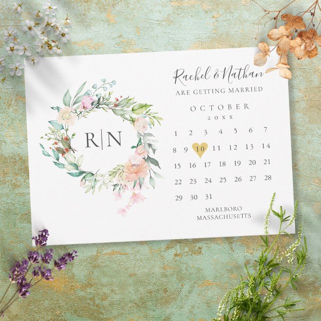 Monogram Calendar Gold Heart Floral Wedding Save The Date (Creator Uploaded)