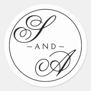 Monogram Calligraphy black and white Wedding Classic Round Sticker