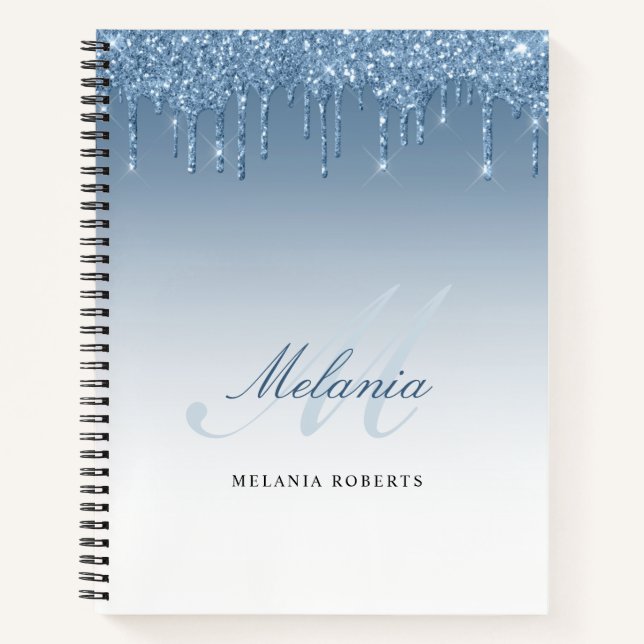 monogram calligraphy blue glitter drips notebook (Front)