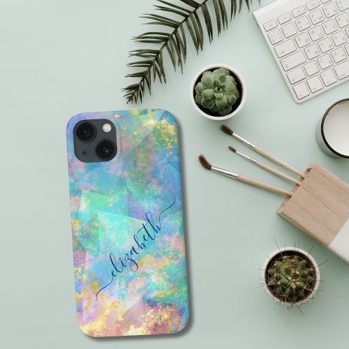 Monogram Calligraphy Blue Green Pink Gold Trendy  iPhone 13 Case
