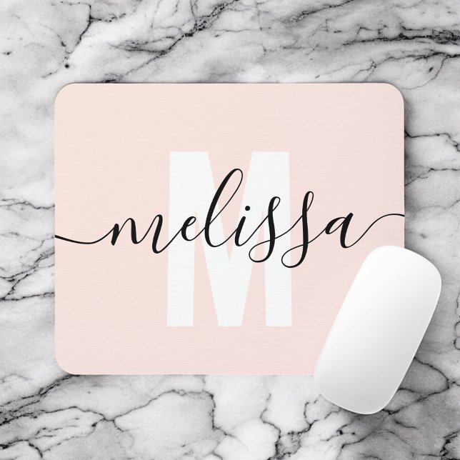 Monogram Calligraphy Blush Pink Girly Mouse Pad (Creator Uploaded)