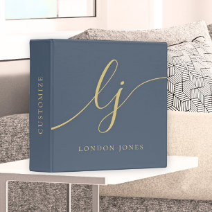 Monogram Calligraphy Simple Navy Blue Gold Initial 3 Ring Binder